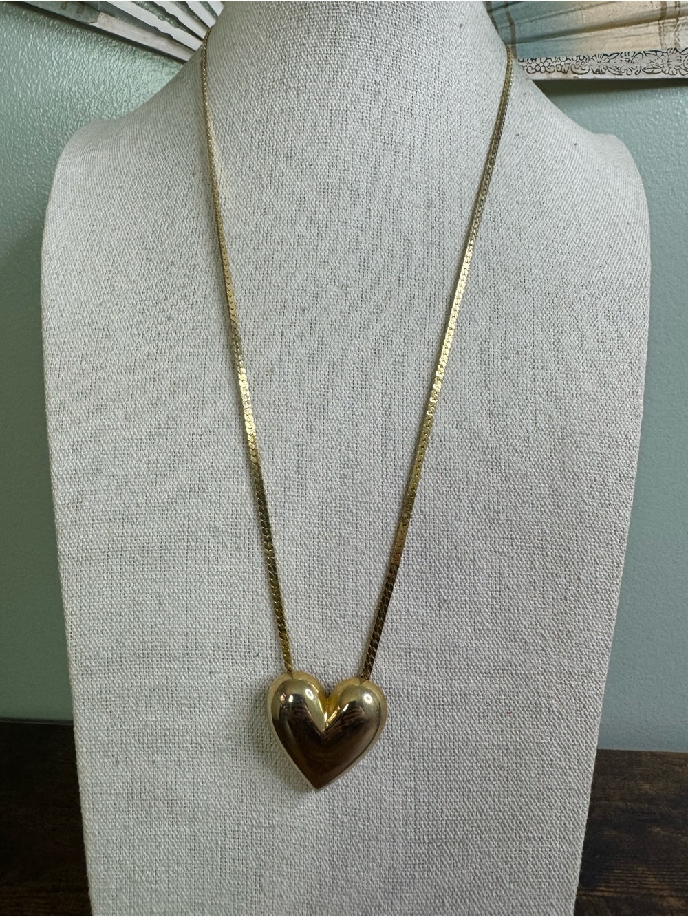 Vintage Gold Tone Puffy Heart Necklace
